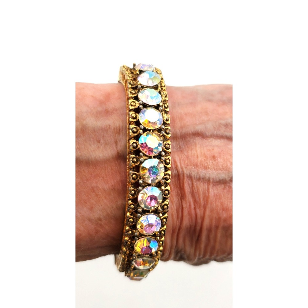 Vintage Aurora Borealis Rhinestone Hinged Bangle Bracelet Safety Chain